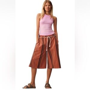 Anthropologie Pilcro PJ Wide Leg Culotte Jeans Tie Elastic Waist Rose Motif